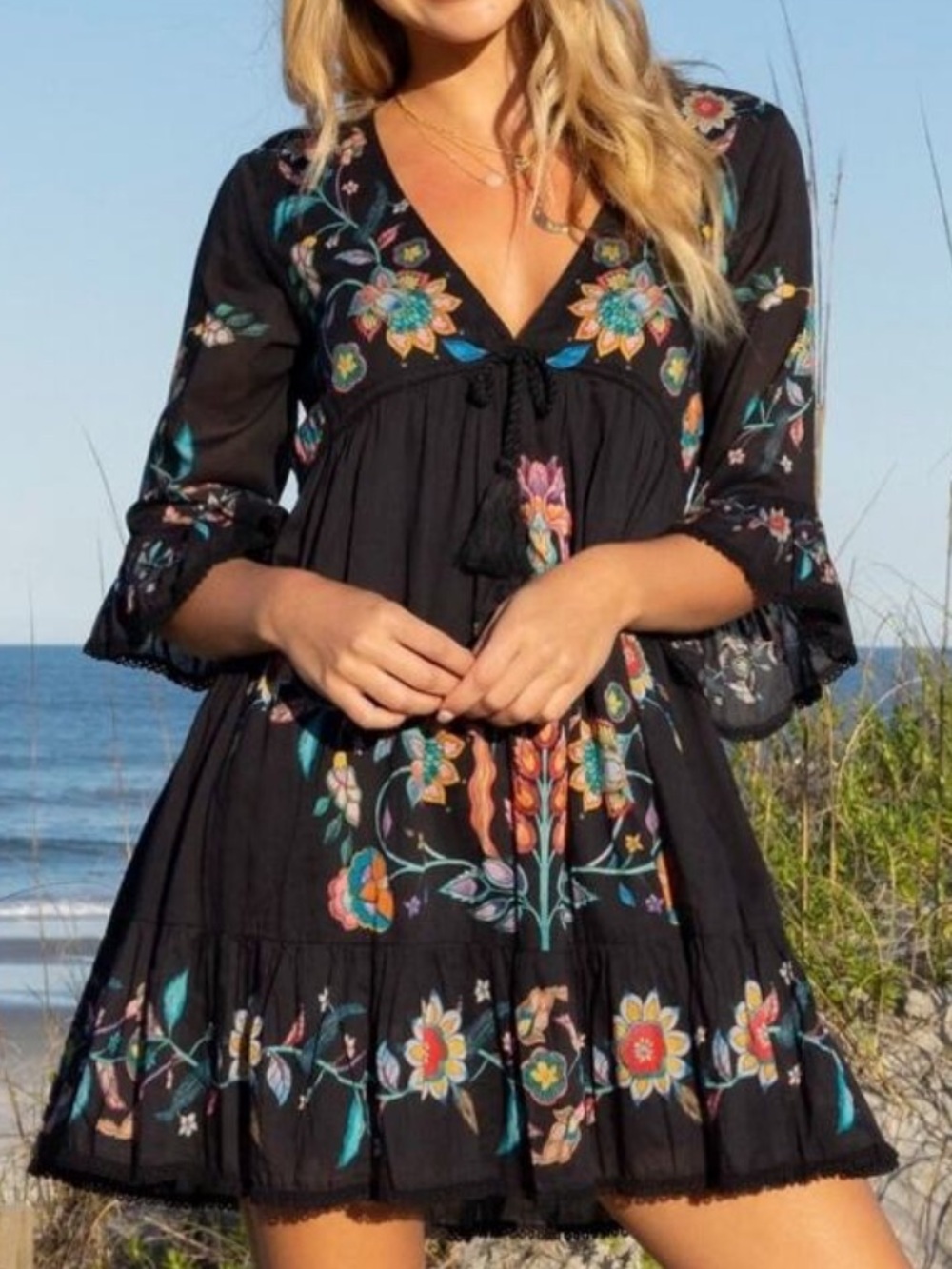 NATURAL LIFE “Capri” Black Floral Cotton V-Neck mini dress boho Medium